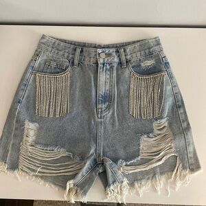 NWOT Rhinestone Fringe Denim Shorts